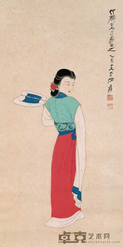 张大千 1945年作 纨扇仕女 立轴 66.5×33.5cm
